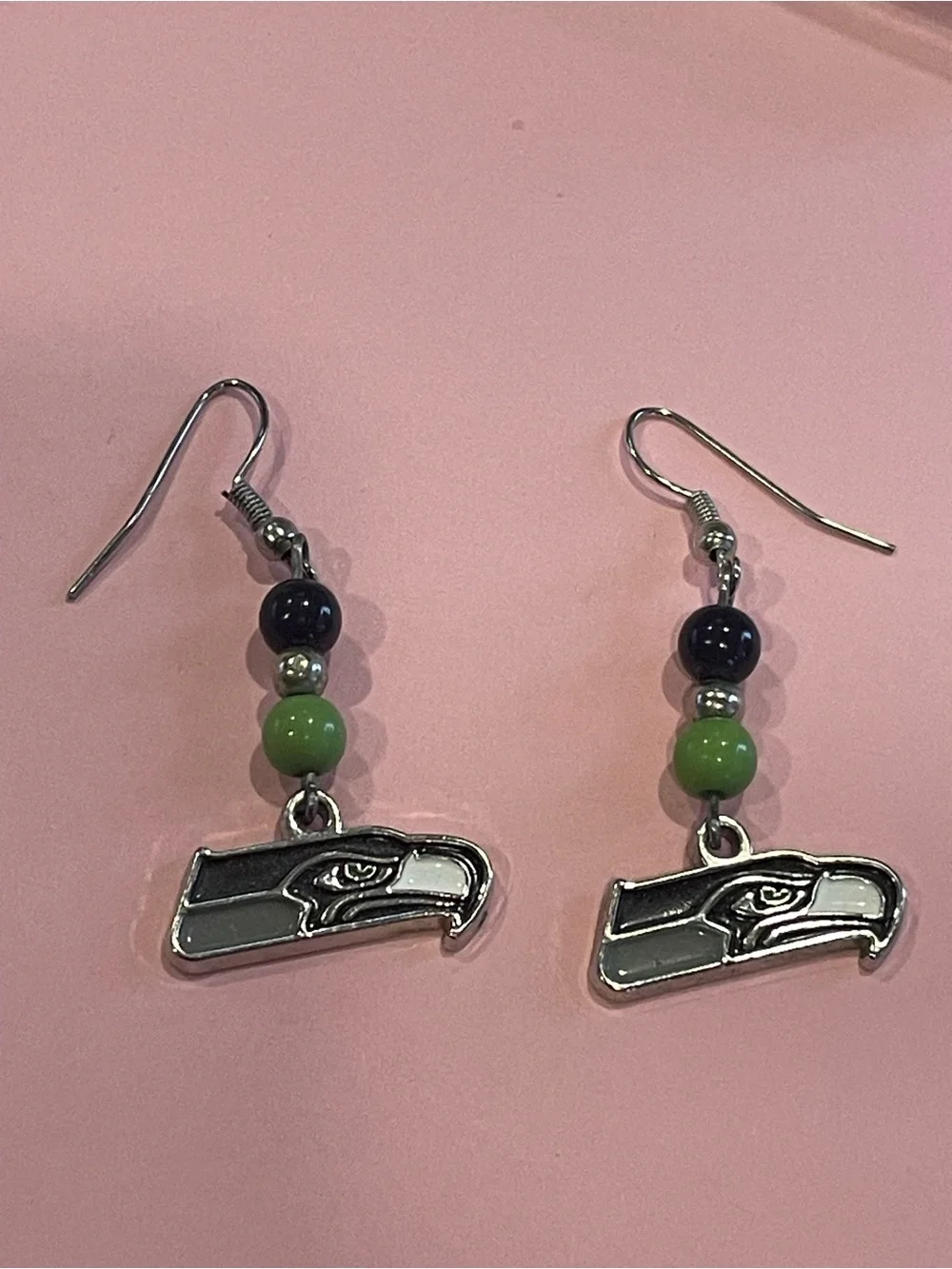 Seattle Seahawks Dangle Earrings Fan Beads w/ Charm #6816